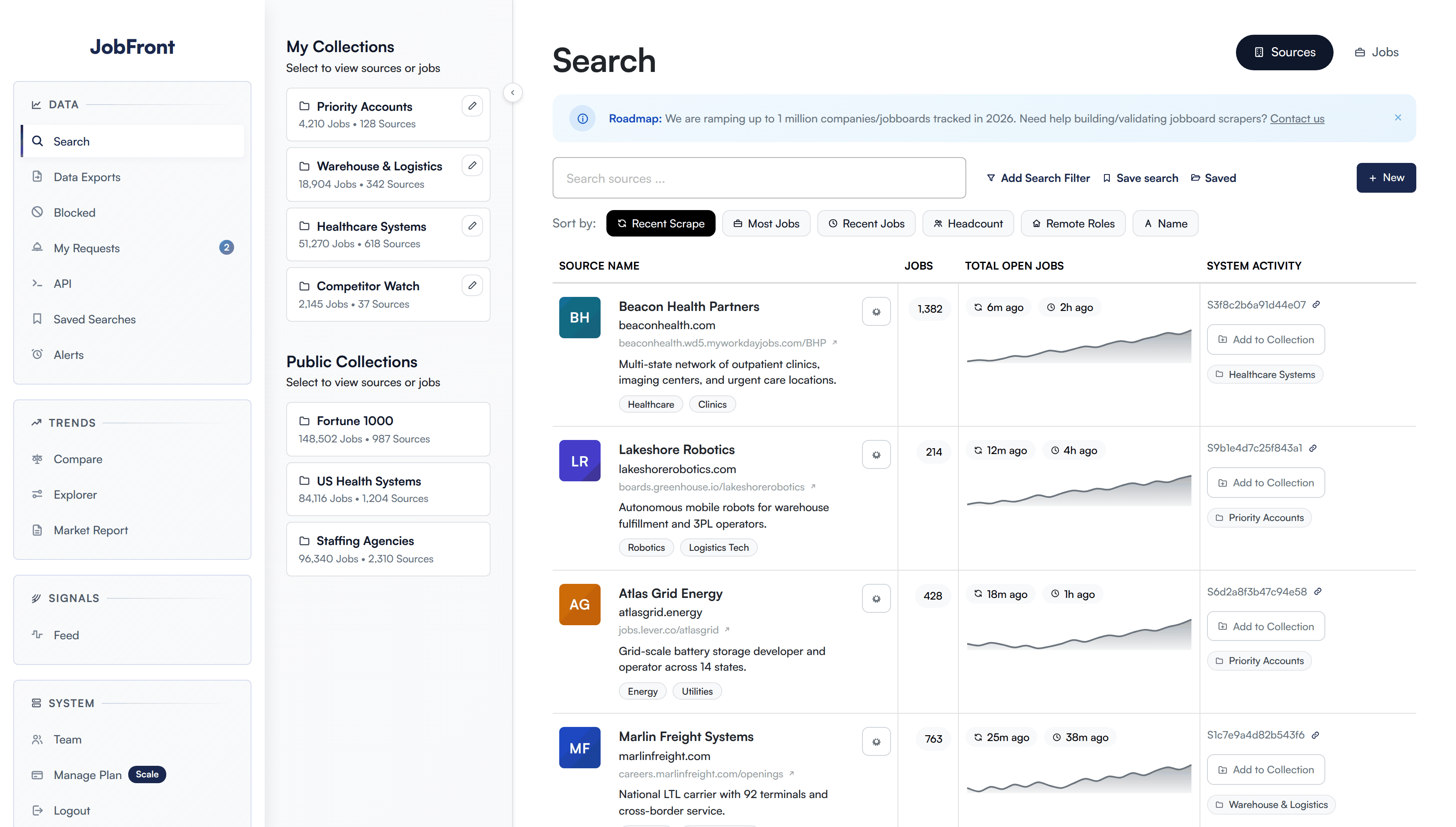 The JobFront app's Search workspace, one of the three ways to access the data.